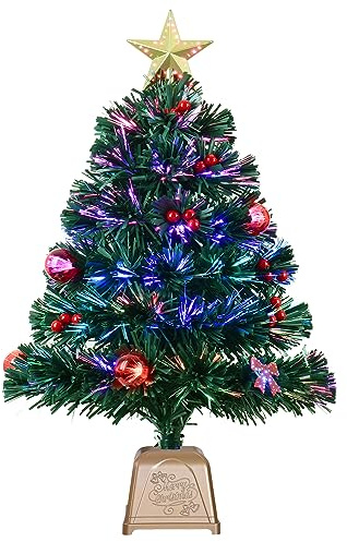 HABAGOU Árbol de Navidad de fibra óptica verde de 24 pulgadas, mini árbol de Navidad artificial preiluminado, adornos de estrella, lazo y bola para la mejor decoración del hogar (24 pulgadas, verde)