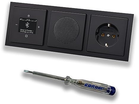Busch Jäger DAB+ 8217U-101 Future Radio encastrable Bluetooth (et sortie) avec haut-parleur, couvertures, prise de courant, cadre et testeur de phase EBROM pour montage d'appareils Noir mat