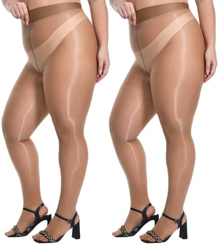 Yilanmy 2 Paare Damen Glänzende Strumpfhose Große Größen Sexy Ölige Glanz Strumpfhosen 15 Denier Seidig Reißfest Feinstrumpfhose