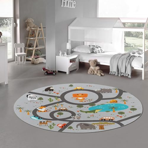 Teppich-Traum Kinderteppich Safari Tiere Straßen Grau Ø 160 cm | Pflegeleicht, rutschfest, strapazierfähig und allergikergeeignet, mit Löwen, Elefanten, Zebras, Krokodilen und Straßen