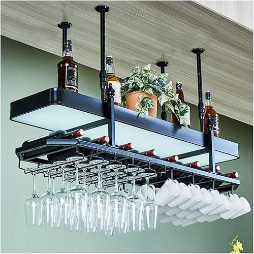 CATANK Weinregale, Home/Bar Retro Industrial Wandmontage mit Glashalter, Rustikales Weinregal zum Aufhängen aus Metall, Flaschenhalter mit 2 Ebenen, Wandregal, für Bar/Küche/Schwarz/100 c