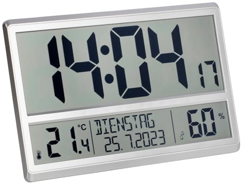 TFA Dostmann XL 60.4520.54 Reloj de pared digital con temperatura y humedad, día de la semana (8 idiomas), reloj radiocontrolado, fácil de leer, tamaño grande, plata, (L) 360 x (l) 235 x (H)