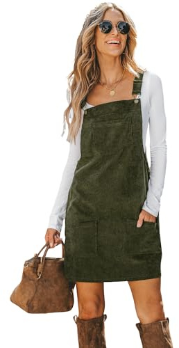 CUPSHE Damen Latzrock Quadratischer Ausschnitt Taschen Cord Latzkleid Overallkleid Freizeitkleider Corduroy Mini Dress Olivgrün L
