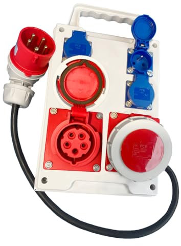 Hilark Distributeur de Courant Coffret de chantier avec 6 prises à clapet IP44 / IP54 et de câble (2 prises 32A IP67, 4 prises 16A 230V, câble de 5 mètre)