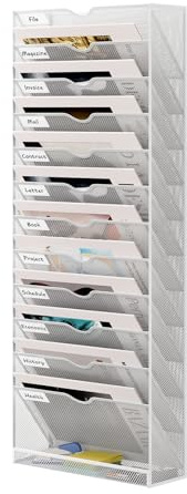 Senhoglb 13 Fächer Hanging File Organizer Zeitungshalter Wand Metall A4 Dokumentenablage Hängeregister Zeitschriftenständer Flyerhalter Prospektspender mit 12 Fächern und 1 Tablett, Weiß