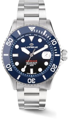Lorenz Hydro-Sub 090011BB Orologio da uomo automatico svizzero con cinturino in acciaio inossidabile e 500 metri subacqueo professionale, confezione regalo con cinturino omaggio