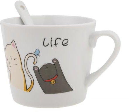 lachineuse – Porzellantasse und Löffel Happy Cat – 2 Katzen – Life Collection – 200 ml – Frühstück & Entspannungspause – Kaffee, Tee, heiße Schokolade – Geschenkidee Asien, China, Japan – Weiß