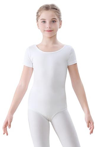 FONLAM Balett Dans Leotard Trikåer för Flickor Kortärmad Rytmisk Gymnastikdräkt Bomull Balettdräkt (7-8 år, Vit)