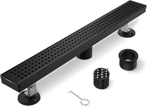HTOH Desagüe de ducha lineal, desagüe de ducha negro de 42 pulgadas con rejilla de cubierta cuadrada extraíble, moderno acero inoxidable 304 negro mate con patas ajustables, filtro de pelo
