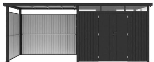 HORI Gartenhaus - Gerätehaus aus Metall mit Anbau - Geräteschuppen wetterfest & langlebig - Metallgartenhaus - Idealer Stauraum für Gartenbedarf 5690x2300x2220- inkl. Anbau + Rück- Seitenwand