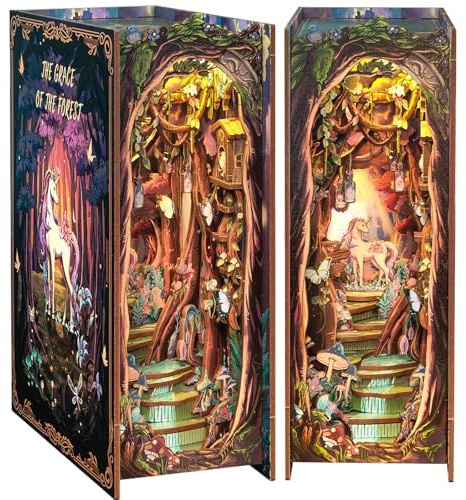 CUTEBEE Book Nook Kit – DIY dockhus, miniatyr hus själv bygga för vuxna med LED-belysning, 3D-pussel och bokstöd | kreativt set för bokhylla dekoration | present (The Grace of the Forest)