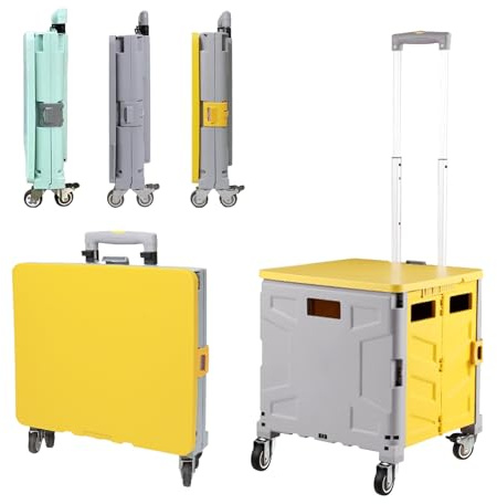 Einkaufstrolley Klappbar Einkaufswagen Metallräder, bis 50kg Klappbox mit Rollen, Trolley Klappbarer Einkaufstrolley, Einkaufsroller Teleskopgriff Deckel FüR Einkaufen, Lehrer, BüRo (Grau+Gelb)