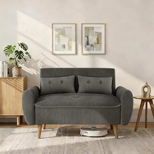 Shintenchi 48'' Loveseat Sofa, Mid-Century Modern Upholstered Couch Deep Seat with 2 Pillows, 10 Thick Cushion with Spring, Solid Wood Frame Small Couch for Living Room, Dorms & Office, Dark Grey