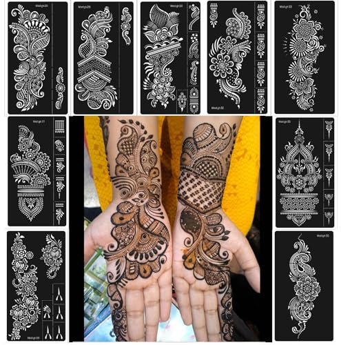 Reusable Henna Stencil Kit - 9-Sheet Tattoo Templates for Hand & Forearm, Indian Arabian Self-Adhesive Body Art