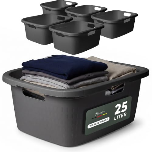 Novaliv Sparset 6X Wäschewanne mit 3 Griffen 25L Anthrazit, Wäschebox Set Wäscheeimer Wäschebehälter für Bad Wäsche Schmutzwäsche, Wäschewannen Laundry Basket Aufbewahrung Korb Sammler