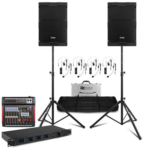 Professional PA System Kit with 2x 12 700W Speakers, 6-Channel Mixer, Wireless Headset Microphone, Lapel Microphone, Bluetooth Connectivity, DSP Effects for Events & Performances