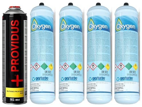GASFRIGO® - 4 Bombole ossigeno per saldatura da 930 ml 110 bar attacco M12X1RH-IT + 1 Cartuccia per cannello propano/butano 30/70% da 330 gr - per Turbo Set 30