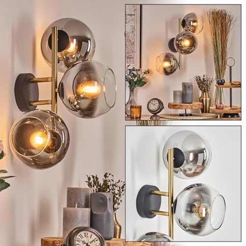 HOFSTEIN Wandleuchte Koyoto, Wandlampe aus Metall/Glas in Schwarz/Gold/Chrom/Rauch/Klar, Leuchte im Retro/Vintage-Design (Schirme Ø 15 cm), E14, Wohnzimmer, Schlafzimmer, Küche, Flur, Treppenhaus