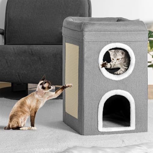 BAKAJI Cuccia per Gatti Pieghevole Grigio 2 Ripiani Verticale, Casetta Rifugio per Animali Domestici, Tiragraffi in Poliestere Caldo e Imbottito, Cuccetta Graffiatoio con Base Antiscivolo 41x41x63cm