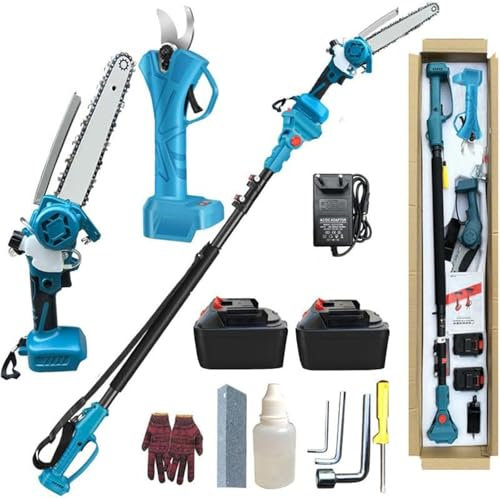 Kit combinado 4 en 1 de sierra de pértiga y tijeras de podar, mini motosierra de 8 pulgadas, tijeras de podar inalámbricas con pértiga extensible, 2 baterías de 1,3 Ah, podadora de ramas y ramas
