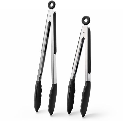 Doosu Kitchen Tongs for Cooking - 600°F Heat Resistant Food Tong Set with Non-Scratch Silicone Tips, Heavy Duty Stainless Steel Locking Tong for BBQ, Grilling Steak, Serving Salad (9+12in, Black)