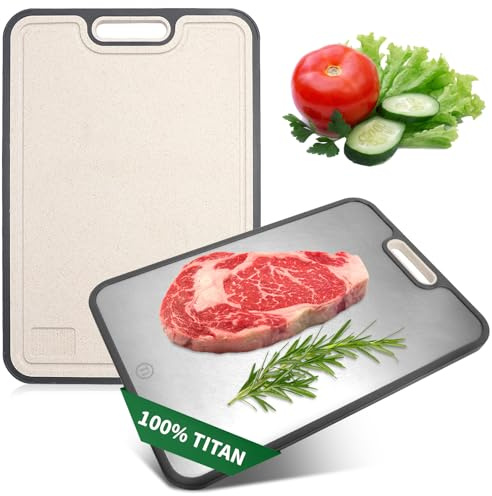 Planche à Découper en Titane, Planche à Découper Double Face pour La Cuisine, Planche a Decouper avec Rainure Presse-Ail et Fente à Jus, pour Viande, Fruits et Légumes, Passe Au Lave-Vaisselle