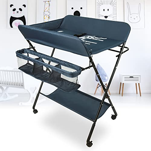 homewell 3-in-1 Wickeltisch Faltbar Tragbar, Baby Wickelkombi, Klappbare Wickelkommode mit Aufbewahrungskorb, Sicherheitsgurt und 4 Rollen, Platzsparend & Stabil, Höhenverstellbar （Dunkelblau）