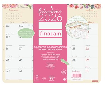 Finocam - Kalender med magnet 2026 månadslayout januari - december 2026 12 månader | 2026 kalender för anteckningar | månadsplanerare designblock - italiensk, magnetisk kylskåp, 250 x 200 mm