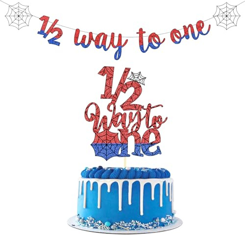 Xugoox 1/2 Birthday Half Birthday Decorations - Spider Theme 1/2 Way To One Banner, Cake Topper, Glitter Half Way Cake Pick Happy 6 Months Decor Hero Babyshower Party Supplies 2 Pcs