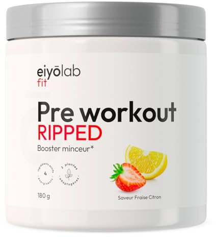 PRE WORKOUT RIPPED | Booster Musculation Minceur sans Créatine | Caféine, Bêta-alanine, L-Carnitine, Taurine, Arginine, Tyrosine | Énergie + Congestion Musculaire | 180g | Fraise Citron | Eiyolab