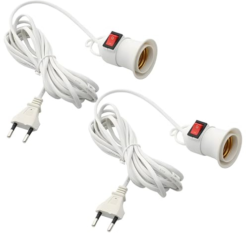Leloco 2 Stück E27 Lampenfassung mit Kabel und Schalter, E27 Fassung mit 4M Netzkabel und EU Stecker für DIY-Projekte, Steh- & Hängelampen, DIY-Leuchte usw Weiß