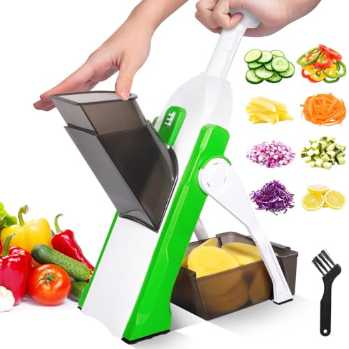 Gemüseschneider multifunktioaler verstellbar gemüsehobel mit auffangbecken, Pommesschneider, Kartoffelschneider, Zwiebelschneider, Gurkenhobel für Scheiben Julienne Streifen Mandoline, Küche