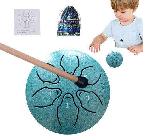 Yulokdwi Zungentrommel aus Stahl, Zungentrommel,A-Key Tank Drum, 6 Noten 3 | Zoll Meditationstrommel | Handpan-Schlaginstrument mit Schlägeln, Musikbuch für Yoga, Konzerte, Musikunterricht, Anfänger
