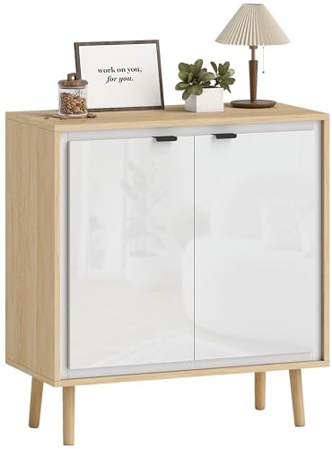 HOMCOM Credenza Cucina con 2 Ante, 72x35x77 cm Bianco Lucido e Rovere
