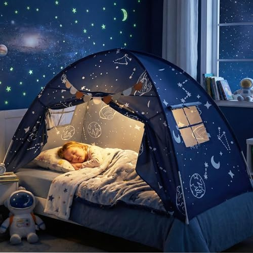 INFANS Bed Tent for Kids, Indoor Large Toddler Canopy Playhouse with Flags, Teepee Toys Gift for Boys Girls Aged 3+, 75’’ x 39’’ x 48’’