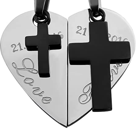 Hanessa 2 Stück Personalisierte Kette mit Gravur Edelstahl 50 und 60 cm mit Anhänger Herz mit Kreuz in silber schwarz - Personalisierte Geschenke für Damen Herren Freundin Freund - Partner Halskette