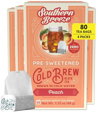 Southern Breeze Cold Brew Sweet Tea Peach Iced Tea with Black Tea and Zero Carbs Zero Sugar, 20 Individually Wrapped Tea Bags, Pack of 4