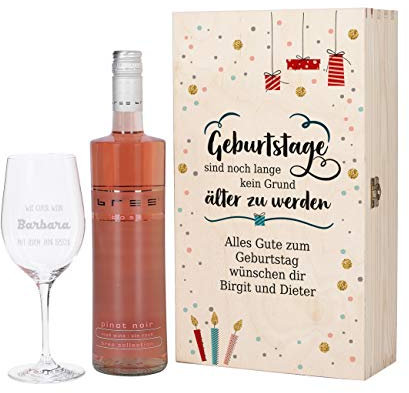 Herz & Heim® Geburtstagsgeschenk mit graviertem Weinglas und Bree Wein zur Auswahl in Präsentbox als Geschenk zum Geburtstag für Frauen und Männer Rosé