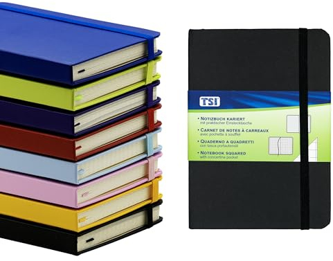 TSI Notizbuch A6 mit Hardcover, Lineatur kariert, Farbe schwarz, 192 Seiten, mit Innentasche, Lesezeichen, Elastischer Verschluß, Art. Nr. 63556-BK