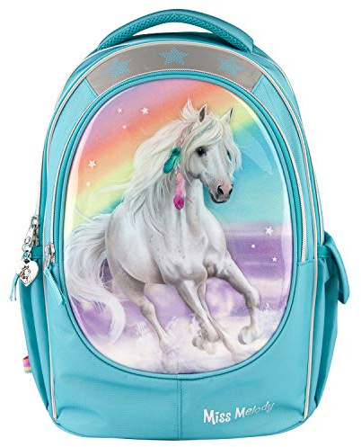 Depesche 11054 Miss Melody - Schulrucksack mit Pferde-Motiv, türkiser Schul-Ranzen, ca. 44 x 34 x 24 cm, 19,6 Liter / 930 g, viele Fächer, Rücken belüftet und gepolstert, Träger verstellbar