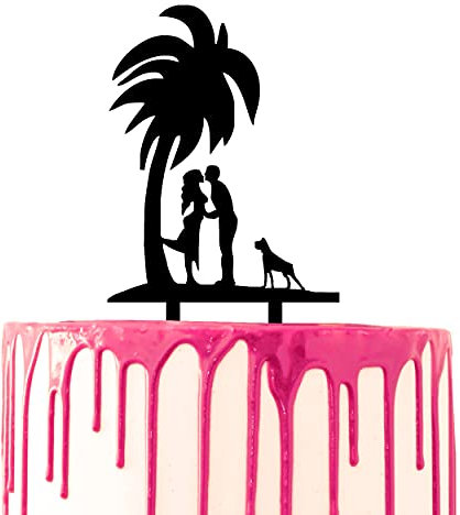 CARISPIBET Décoration de gâteau de mariage Marié et mariée s'embrassent par le palmier avec son chien sur le côté