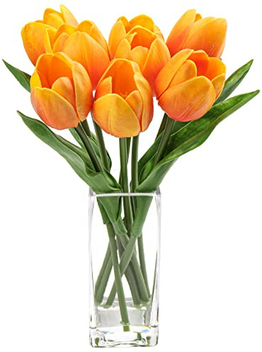 Hollyone 8PCS Artificial Tulips with Glass Vase Realistic Fake Flowers, Real Touch Orange Faux Flowers in Vase for Home, Living Room, Wedding, Centerpiece, Office, Party Decorations