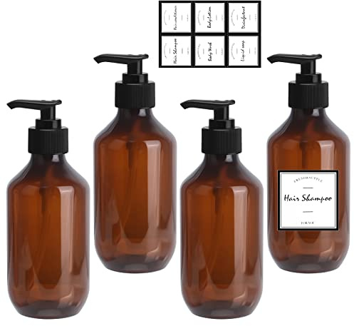 4 Stück 300 ml Pumpspender Leere Shampooflaschen Duschgelspender Flasche zum Befüllen Seifenspender Dispenser Pumpflaschen nachfüllbare für Dusche Lotionen Shampoos mit wasserdichtem Aufkleber