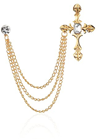 Cross Gold Silver Men'S Brooch Suit Pin with Gem Rhinestone Buckle Brooches Chain tassel Lapel Collar Pins Shirt Decoration Metal Tie Clips Brooch Pins Women Coat Pin with Gift (Gold)