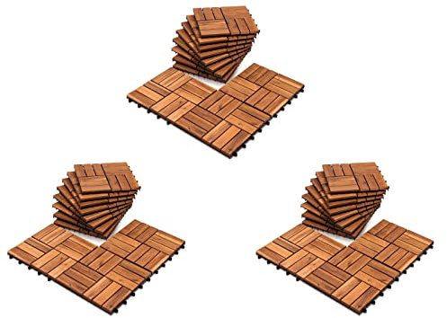 Joparri Holz-Fliesen, 30 x 30 cm Bodenfliesen, 33 Stück, 3 m² Terrassenfliese, Akazienholz, Klicksystem,wetterfest, leicht verlegbar, zuschneidbar, für Patio Platten Balkon Fliesen Garten, Braun