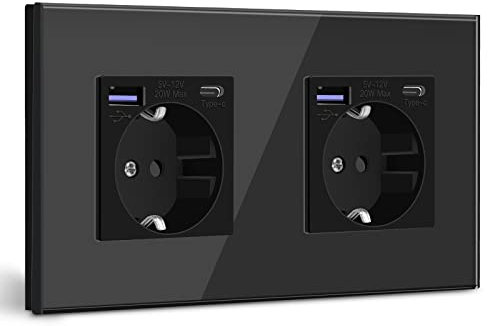 BSEED Schuko Steckdose mit USB C 20W Schnellladegerät USB Type C Wandsteckdose mit Glas Panel, 2 Fach Steckdose, USB Steckdose Unterputz, Einbausteckdose Geeignet für Phone, Pad, MP3 und mehr-Schwarz