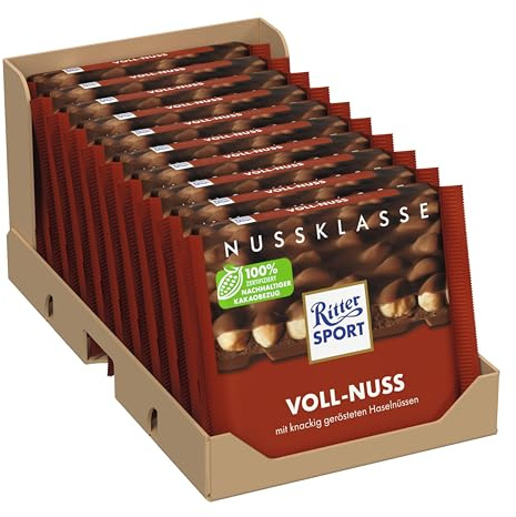 Ritter Sport Voll-Nuss, Vollmilchschokolade mit knackigen, ganzen Haselnüssen, Nuss-Schokoladentafel aus hochwertigem Kakao, perfekt zum Naschen und Genießen, Geschenkidee, 10 x 100g