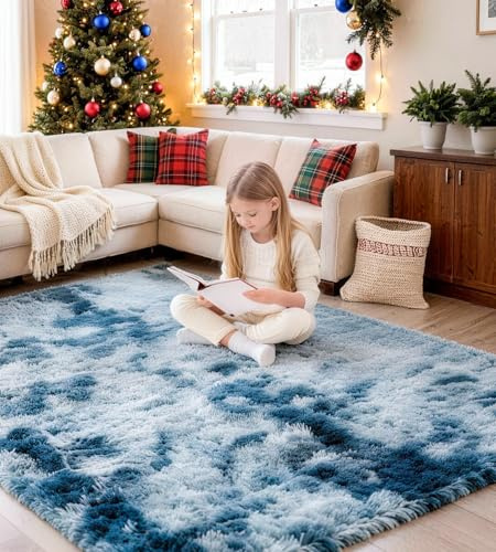 MARATIP Teppich Wohnzimmer Batik-blau 200x300 cm flauschig | Hochflor-Teppich, waschbar, rutschfest, weich. Ideal für offene Räume, Esszimmer und große Schlafzimmer.