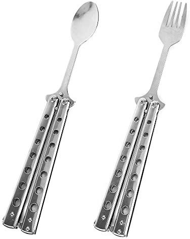 Cuchillo de mariposa portátil, cuchillo de mariposa, tenedor plegable, cuchara de acero inoxidable, para picnic, camping, vajilla, cuchara de acceso directo