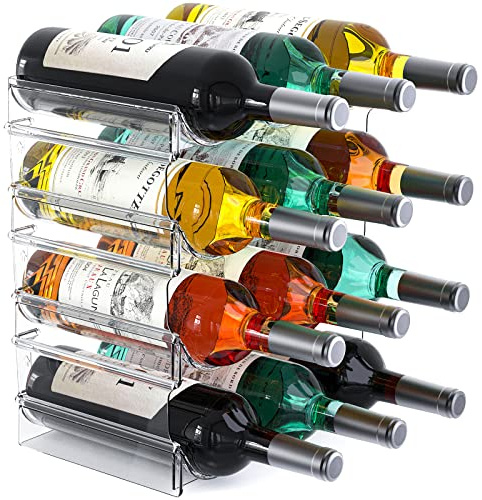 Plastic Water Bottle Organizer and Wine Rack Storage Holder,4 Tier 12 Containers Stackable Free-Standing Bottle Storage Rack for Kitchen Countertops, Table Top, Pantry, Bars, Cabinets, Fridge - Clear